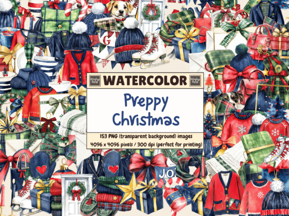 Download Preppy Christmas Watercolor Clipart - Clipart Collection