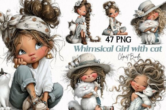 Download Whimsical Girl with Cat Clipart - Clipart Collection